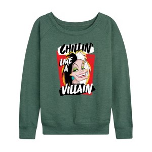 Women's - Disney Villains - Cruella Chillin Like A Villain Lightweight French Terry Wide Neck Long Sleeve Shirt - 1 of 4