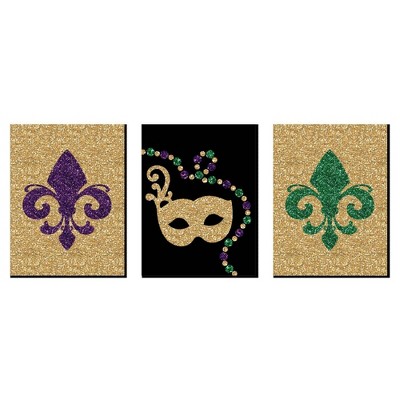Big Dot of Happiness Mardi Gras - Fleur de Lis Wall Art, New Orleans Decor, & Masquerade Themed Room Home Decorations - 7.5 x 10 inches - Set of 3