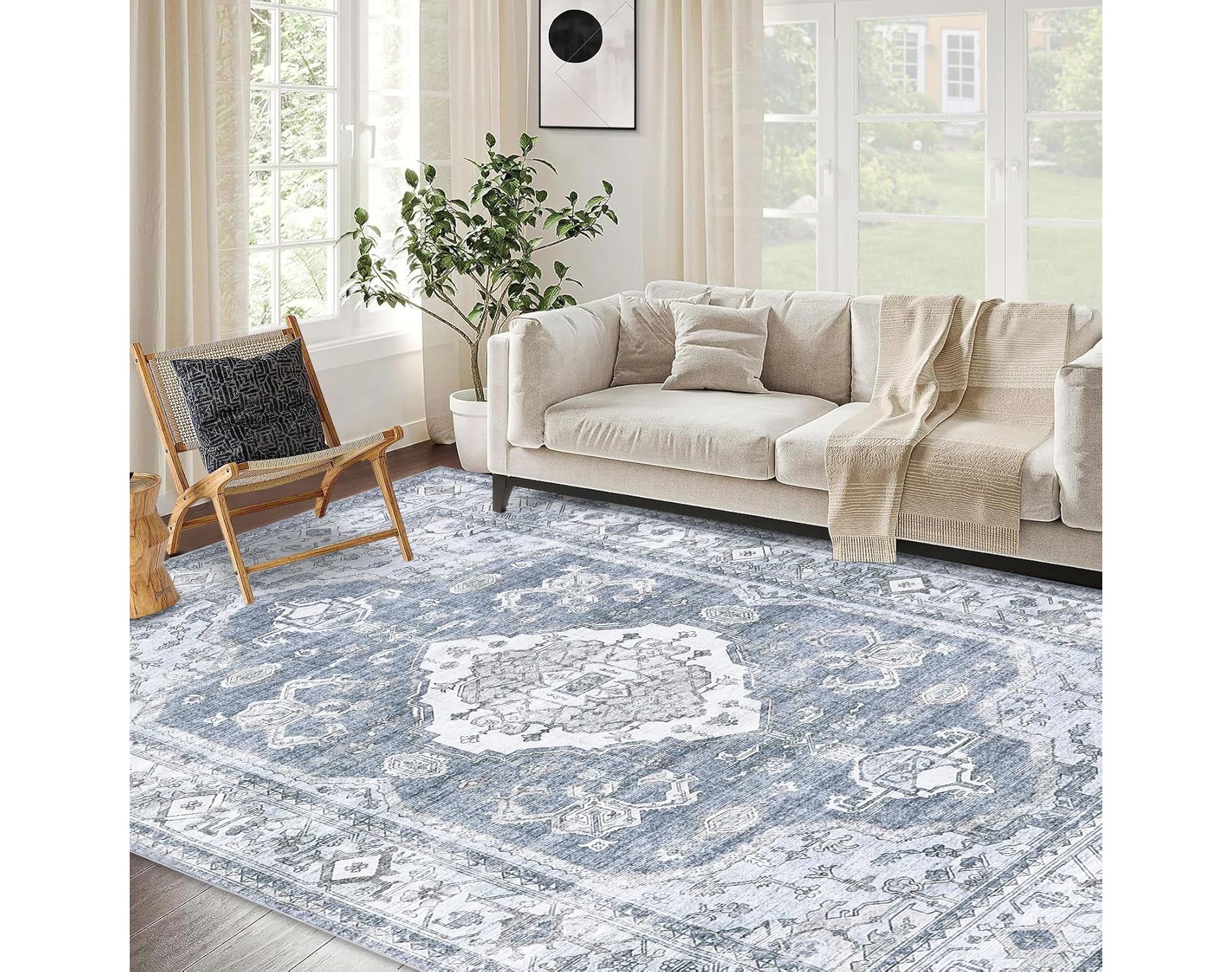 6'x9' Vintage Washable Area Rug - Stain Resistant, Non-Slip, Thin Foldable Carpet for Living Room, Dining Room & Office - Soft Faux Wool Gray