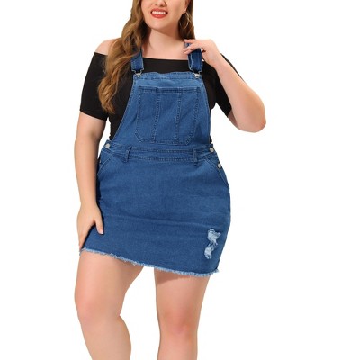 Agnes Orinda Women's Plus Size Fashion Ripped Hem Side Pockets Denim Suspender Mini Sundresses