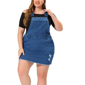 Women's Plus Size Fashion Ripped Hem Side Pockets Denim Suspender Mini Sundresses - Agnes Orinda - 1 of 4