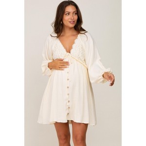 PinkBlush Beige Crochet Lace Button Front Maternity Dress - 1 of 4