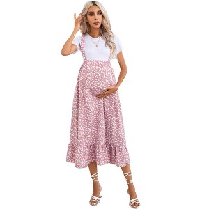 Maternity High Waisted Midi Skirt Summer Ruffle Adjustable Boho Flowy Suspender Skirt Photoshoot Baby Shower - 1 of 4