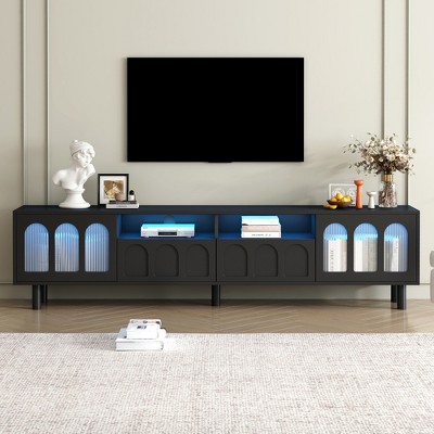 Whisen Elegant TV Stand for TVs Up to 80'' with LED Light Strip and Fluted Tempered Glass Doors