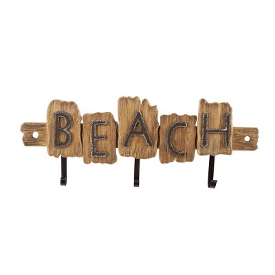 10"x27" Wood Handmade Live Edge Beach Sign with 3 Hooks for Storage, Metal Accents - Olivia & May