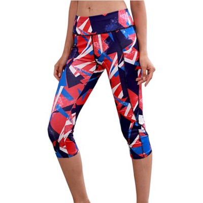 Anna-Kaci Active Women's Printed High Waisted Blue White Yoga Gym Stretchy Capri Pants Leggings- Small ,Style 4