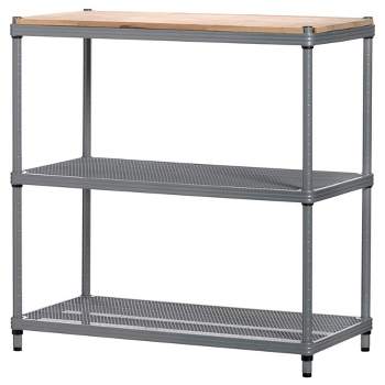 Design Ideas MeshWorks Metal Storage Wood Top Workbench Shelving Unit Rack for Garage and Kitchen Storage, 35.4” x 17.7” x 35.4”, Silver