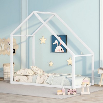Twin Size Metal House Bed for Toddler Kids Teens Metal Frame Platform Bed with Roof for Bedroom Apartment White