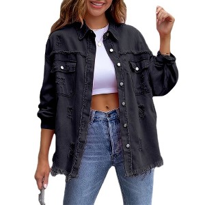 Clearlove Womens Oversized Ripped Denim Jacket Frayed Hem Button Basic Fall Coats Jean Jackets with Pockets - 1 of 3