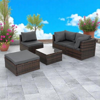 5-Piece Patio Furniture Set with PE Wicker Furniture set, Tempered Glass Table, Cushions with Zipper,Outdoor Furniture set