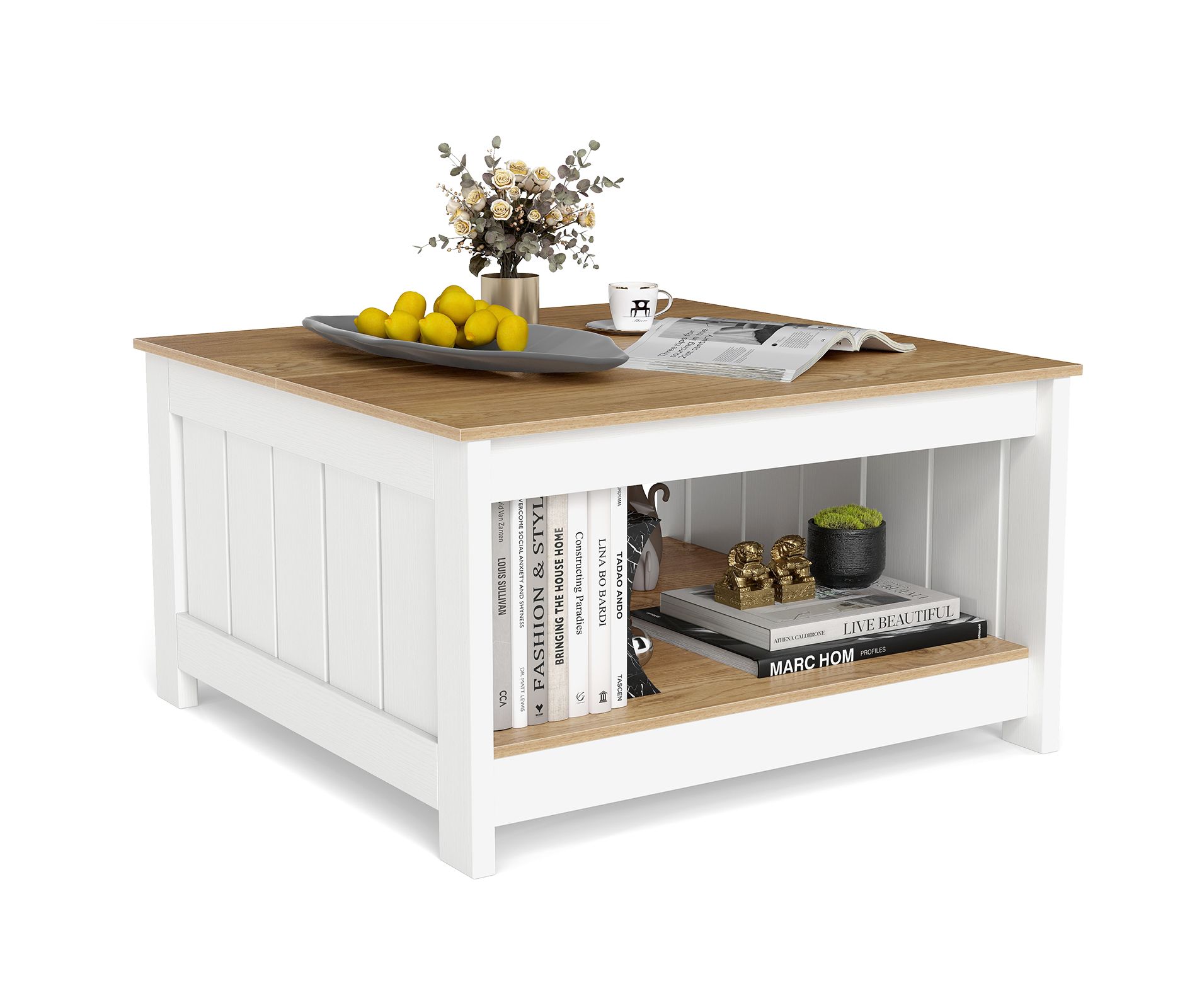 Costway Coffee Table w/ Storage Shelf Farmhouse Rustic Center Table Space-Saving