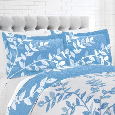 Standard Blue Polyester Pillow Sham with Leaf Design