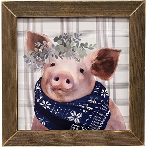 Slickblue Yuletide Scrapple Pig Print with Flower Crown and Winter Scarf – Gray Plaid Background, Natural Wood Frame - 1 of 3