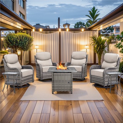 Buenhomino 7 Pieces Outdoor Patio Furniture Set with 30" Square Fire Pit Table, Rattan Wicker Swivel Rocker Chairs Sets