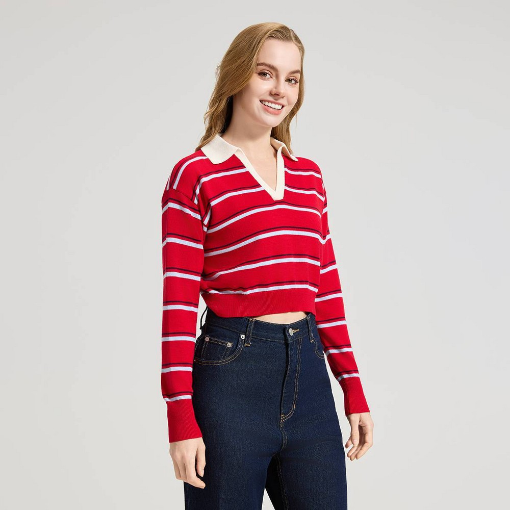 Women's Long Sleeve Cropped Rugby Pullover Sweater - Wild Fable™ Red Striped M