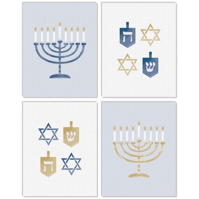 Big Dot of Happiness Happy Hanukkah - Unframed Menorah and Dreidel Chanukah Holiday Linen Paper Wall Art - Set of 4 - Artisms - 11 x 14 inches