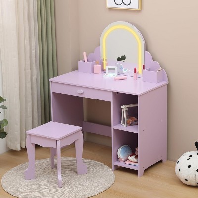 Kids Vanity with Lighted Mirror & Stool, Little Girls Vanity with Adjustable LED Light, Bookshelf, Storage Drawer & Shelves for Girls