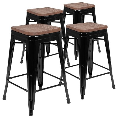 Flash Furniture 24" High Metal Counter-Height, Indoor Bar Stool with Wood Seat - Stackable Set of 4