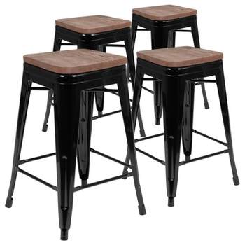 Merrick Lane 24 Inch Tall Stackable Metal Bar Counter Stool With Textured Elm Wood Seat In Set Of 4