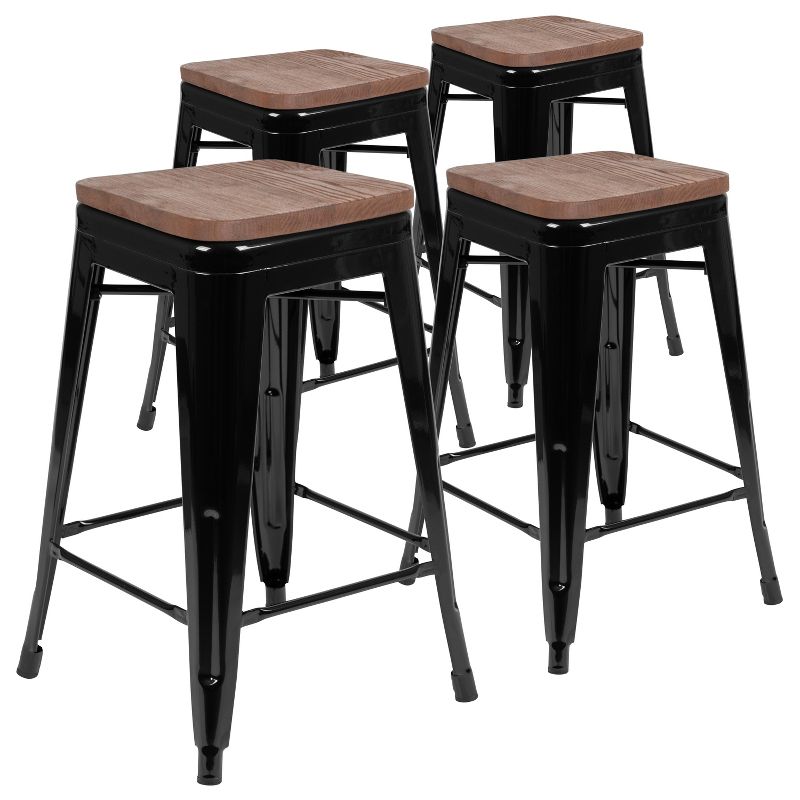 Merrick Lane 24 Inch Tall Stackable Metal Bar Counter Stool With Textured Elm Wood Seat In Set Of 4, 1 of 18