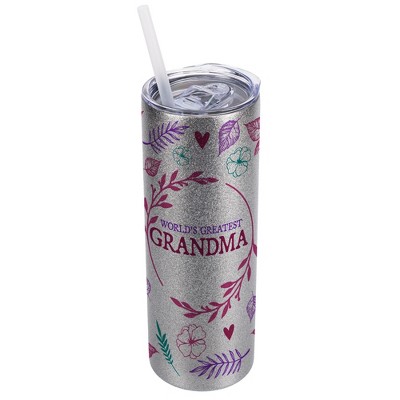 Elanze Designs Floral Silvertone Sparkle 20 Ounce Double Wall Stainless Steel Glitter Travel Tumbler With Sliding Lid And Straw, World's Greatest