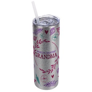 Elanze Designs Floral Silvertone Sparkle 20 Ounce Double Wall Stainless Steel Glitter Travel Tumbler With Sliding Lid And Straw, World's Greatest - 1 of 4