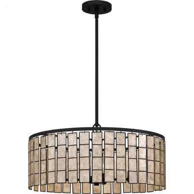 Matte Black Glass Drum Pendant Light with Amber Shade