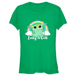 Juniors Womens Star Wars: The Mandalorian Grogu St. Patrick's Day Rainbow Lucky and Cute T-Shirt - 1 of 4
