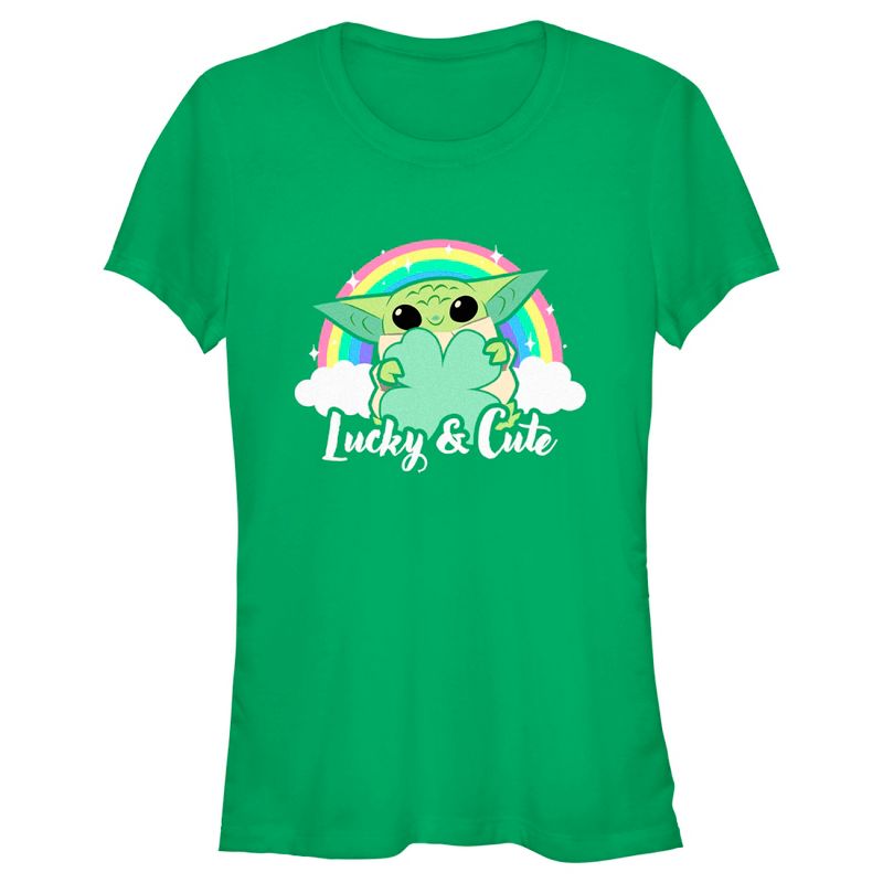 Juniors Womens Star Wars: The Mandalorian Grogu St. Patrick's Day Rainbow Lucky and Cute T-Shirt, 1 of 5