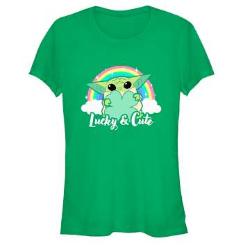 Juniors Womens Star Wars: The Mandalorian Grogu St. Patrick's Day Rainbow Lucky and Cute T-Shirt