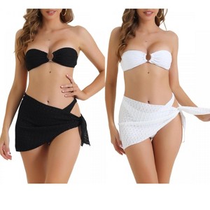 INSPIRE CHIC Women's O Ring Bandeau Ribbed Triangle Bottoms with Cover Up Bottoms Swimwear Bathing Bikini Suits 2 Sets - 1 of 4