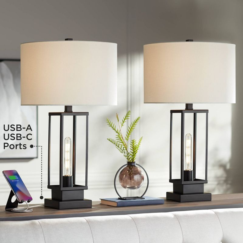 Franklin Iron Works Rafael 27 1/2" Tall Industrial Modern Table Lamps Set of 2 Dual USB Port Night Light Black Metal White Shade Living Room Charging, 2 of 10