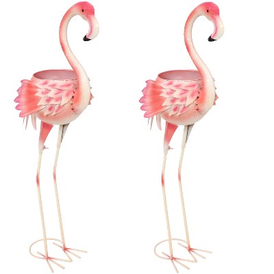 Sunnydaze Pink Flamingo Metal Outdoor Garden Statues with Flowerpots - 2 Statues - 36" H Each
