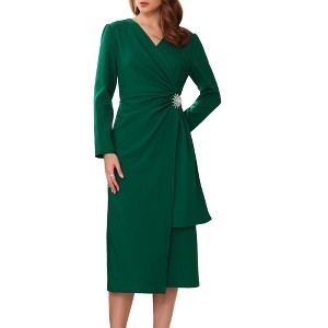 INSPIRE CHIC Women's Cocktail Wrap Ruched V Neck Long Sleeve Elegant Formal Sheath Dresses - 1 of 4