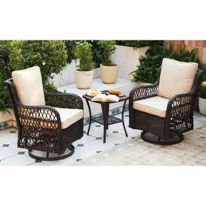 3 Piece Outdoor Patio Set, Wicker Rocking Bistro Set with 2 Swivel Chairs & Tempered Glass Top Table - 1 of 4