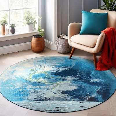 Blue Round Synthetic Moon and Earth Area Rug