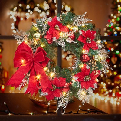 Christmas Wreath with Lights, 24 in Outdoor Christmas Wreaths for Front Door, Xmas Wreath with Red Gold Ball Ornaments Bow for Home Holiday Decor