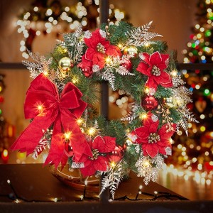 Christmas Wreath with Lights, 24 in Outdoor Christmas Wreaths for Front Door, Xmas Wreath with Red Gold Ball Ornaments Bow for Home Holiday Decor - 1 of 4