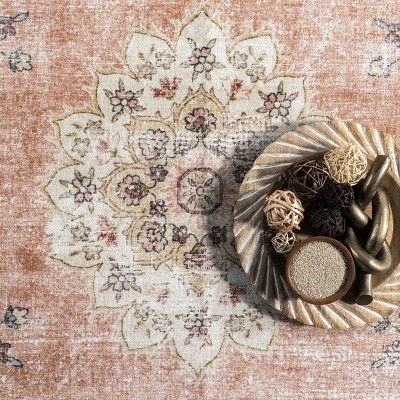 Peach and Cream 8' x 10' Vintage Floral Washable Rug