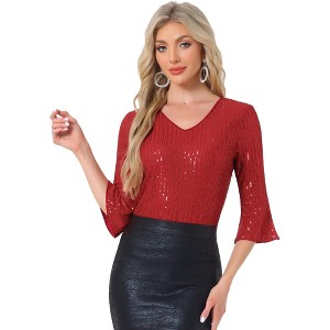 INSPIRE CHIC Women's Sequin 3/4 Bell Sleeve V Neck Metallic Sparkly Glitter Party Blouse - 1 of 4