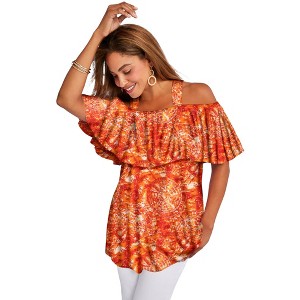 Jessica London Women's Plus Size Stretch Knit Cold Shoulder Ruffle Tunic - 1 of 3
