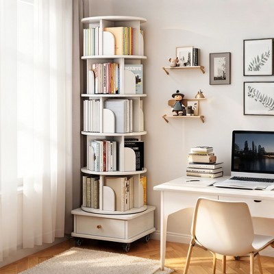 Runesay 6-Tier 360° Rotating Bookshelf with Drawer & Wheels, for Bedroom, Office or Living Room