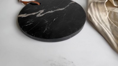 Round Black Marble Cheese Serving Board with Leather Loop