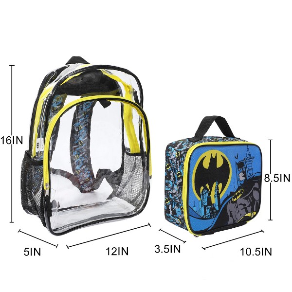 Set de 2 piezas de mochila y lonchera transparente de 16 pulgadas para niños de Batman 2