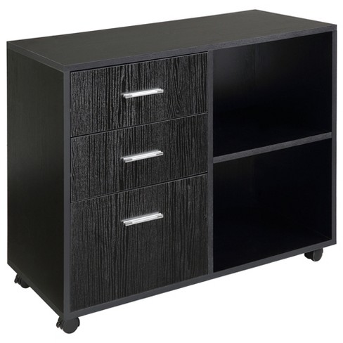 File Cabinet with Lock and Drawer, Mobile Lateral Filing Cabinet Printer Stand with Wheels and Storage Shelves, Black