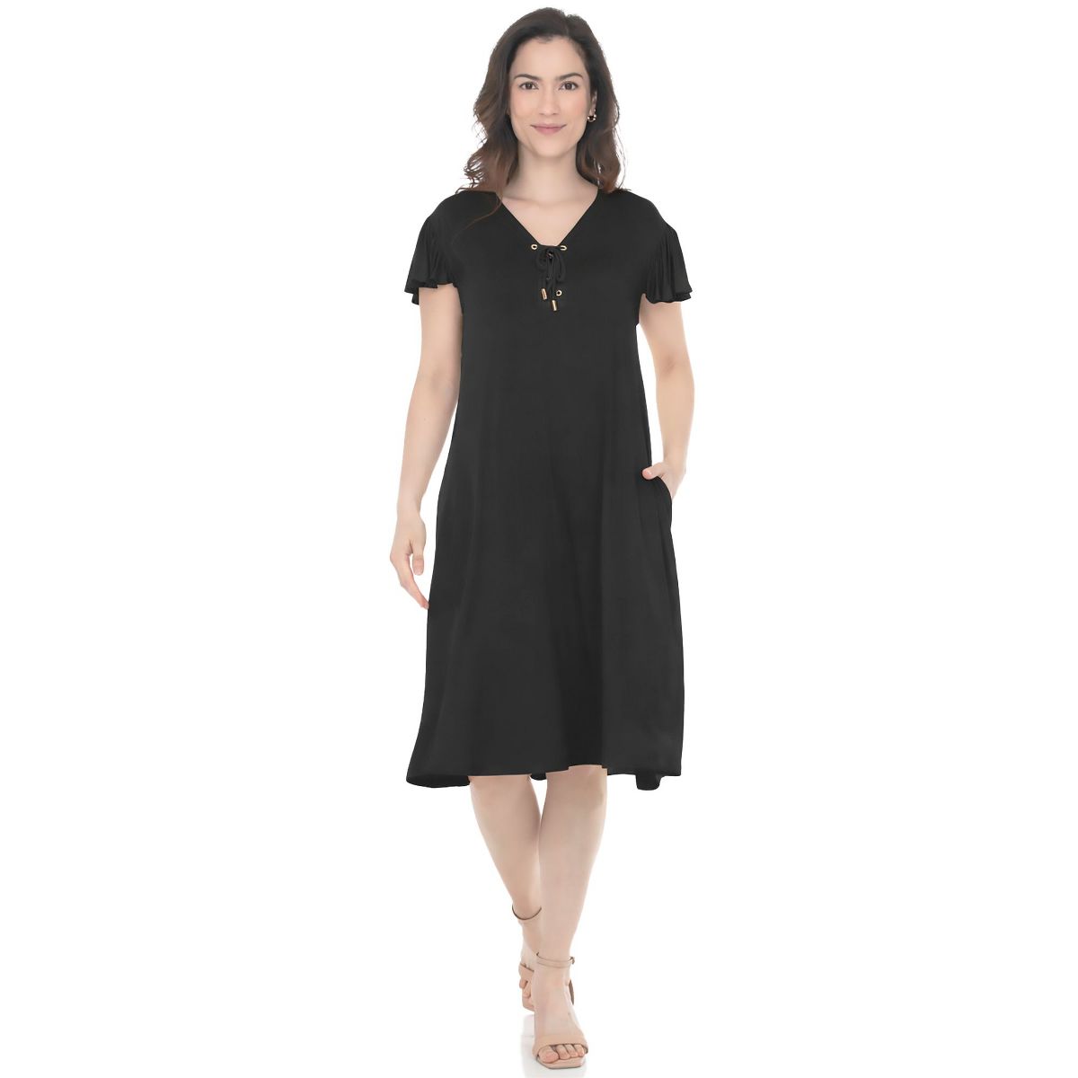 Women’s V-Neck Tie Front Flutter Sleeve Shift Dress -White Mark