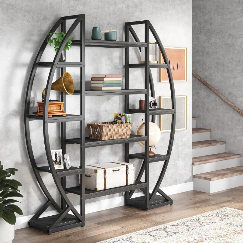 Tribesigns 55" Oval Bookshelf, Triple Wide 5 Tier Etagere Bookcase, Industrial Display Shelves for Living Room, 5 of 8