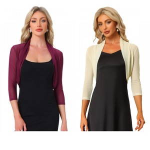 INSPIRE CHIC Women's Semi Sheer Open Front Elegant 3/4 Sleeves Mesh Crop Bolero Shrug 2 Packs - 1 of 4