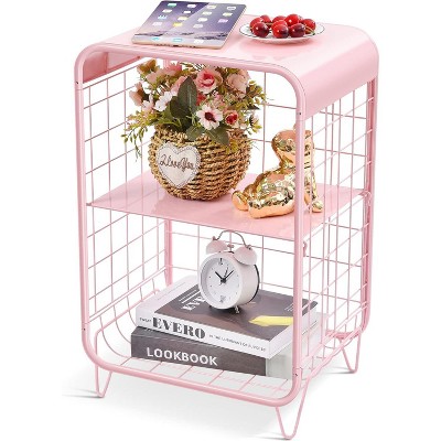 Cute Kids Pink Nightstand,Metal Side Table,3 Tier End Table with Storage,Vintage Bedside Table