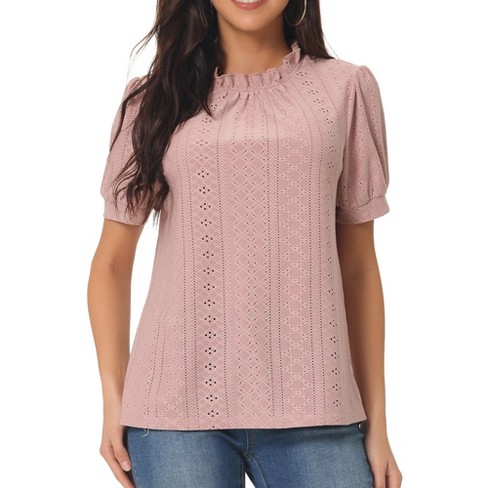 Dusty Rose Blouse Puff Sleeve Textured Top Womens Round Neck